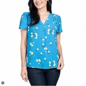 Hilary Radley Royal Blue Floral Print Short Flutter Sleeve Top XL